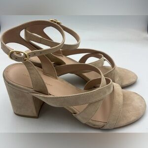 Stuart Weitzman Ava Ankle 75 Block Heel Sandals Beige Suede Women Size 8 EU38.5